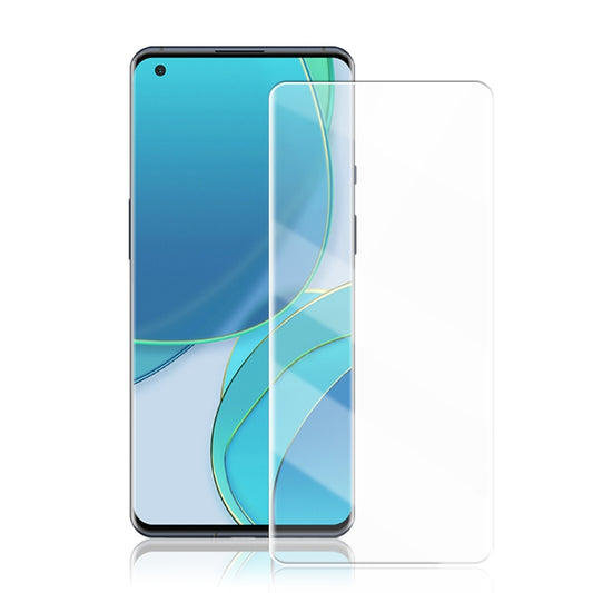 Clear tempered glass screen protector film covering OnePlus 9 Pro screen