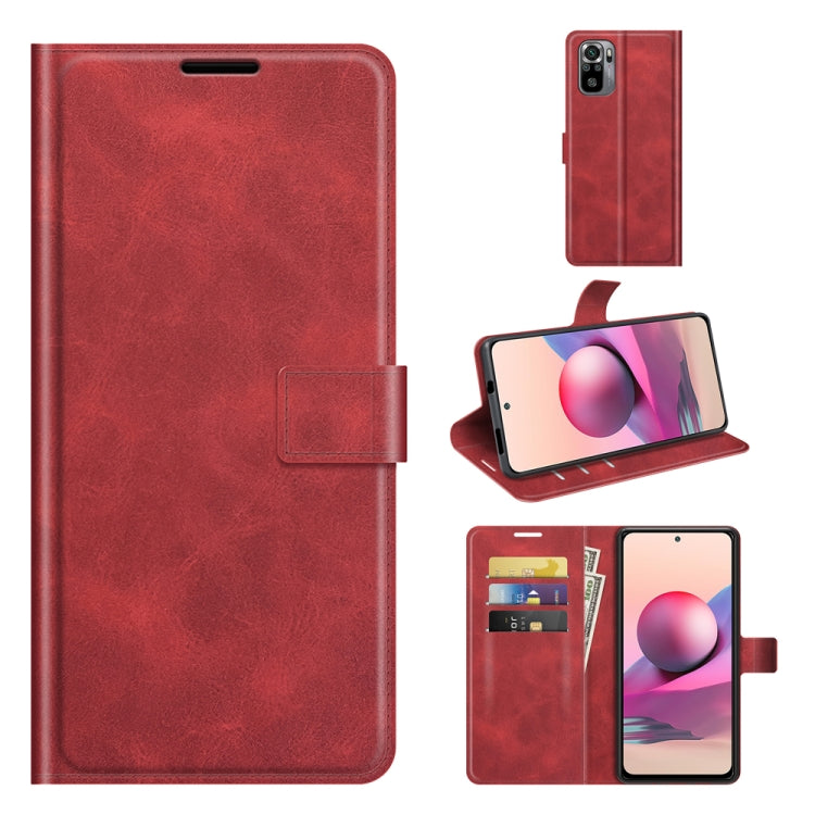 Red flip leather phone case with buckle, card slots, and holder for horizontal flip