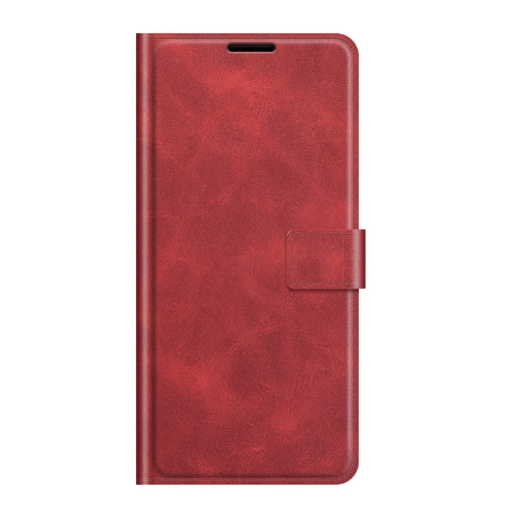 Red flip leather phone case with side buckle strap and smooth textured back