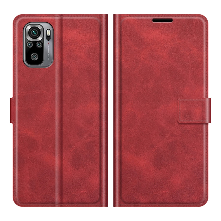 Red flip leather phone case, front and back view with camera cutout and buckle strap