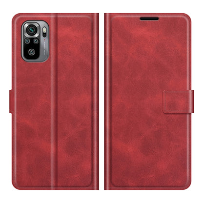Red flip leather phone case, front and back view with camera cutout and buckle strap