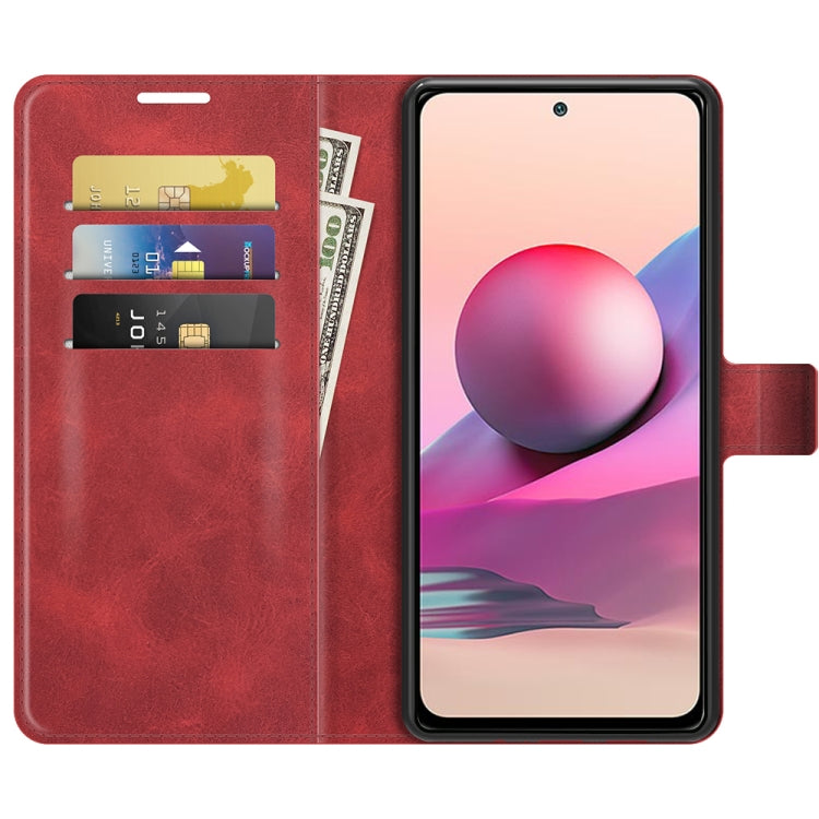 Red flip wallet phone case with card slots and phone window, opened front view
