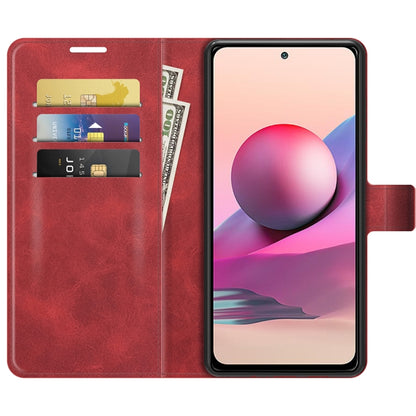 Red flip wallet phone case with card slots and phone window, opened front view