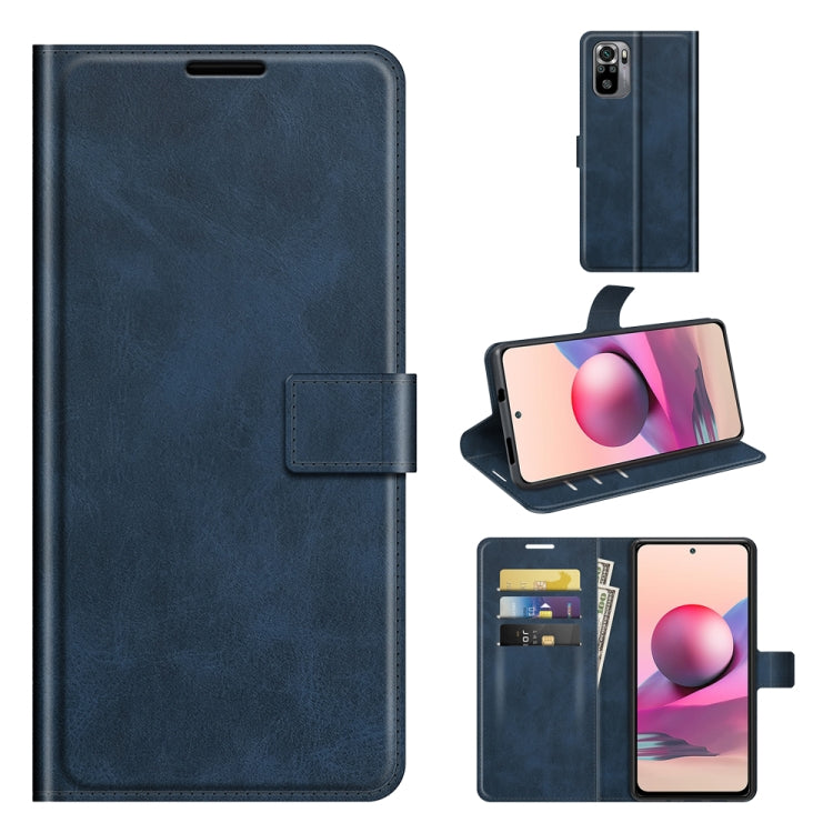 Blue flip leather phone case with buckle, card slots, and holder for horizontal flip