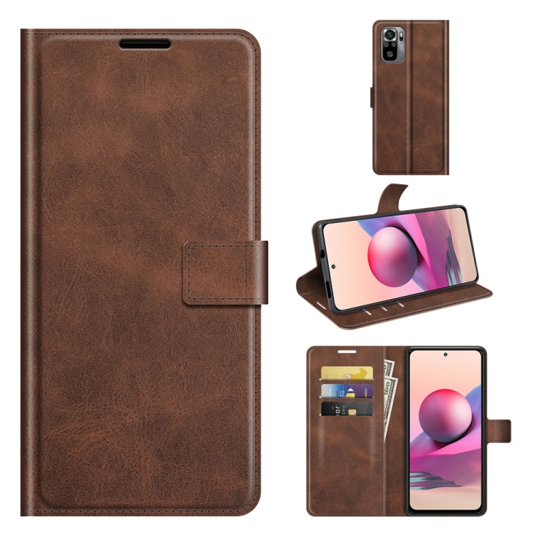 Brown flip leather phone case with buckle, card slots, and holder for horizontal flip
