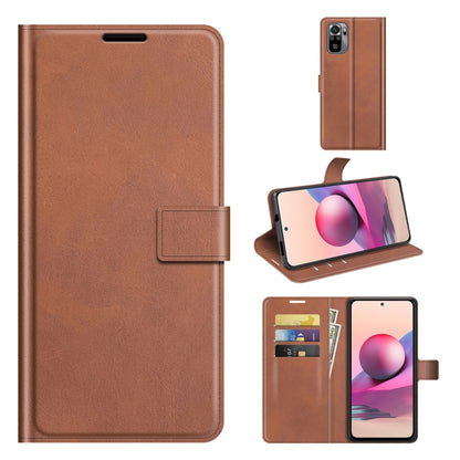 Brown leather flip phone case with buckle, card slots, and built-in holder