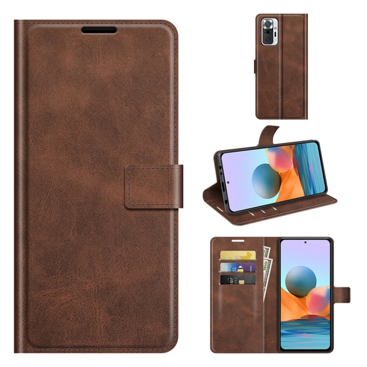 Dark brown leather flip phone case with buckle, card slots, and built-in holder