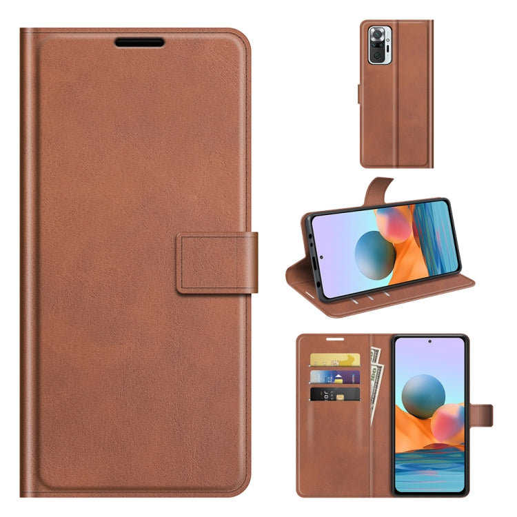 Red-brown leather flip phone case with buckle, card slots, and built-in holder