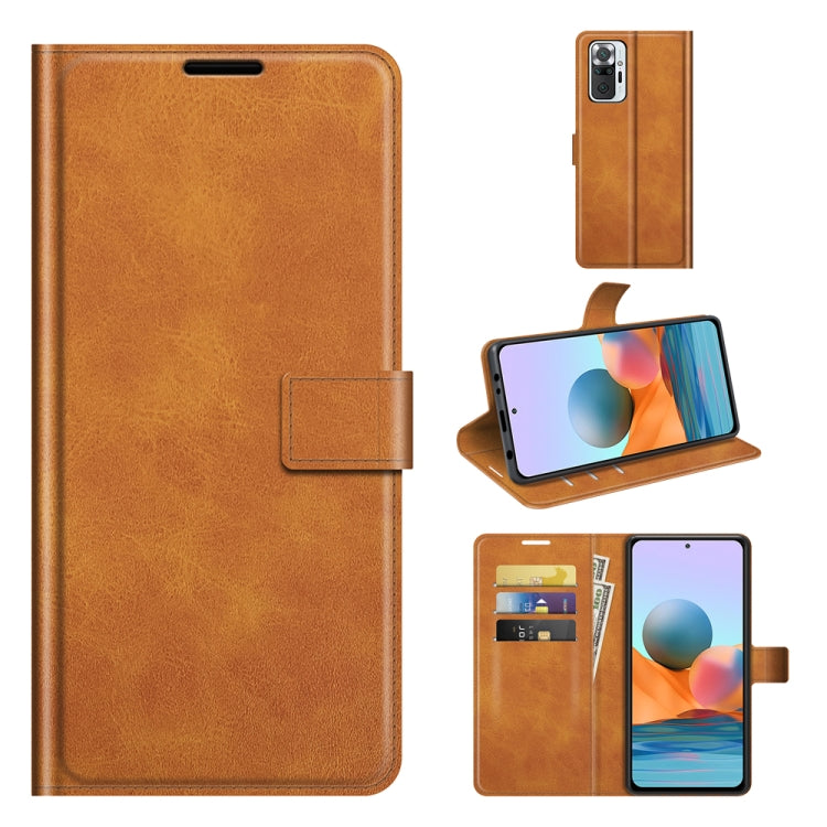 Light brown leather flip phone case with buckle, card slots, and built-in holder