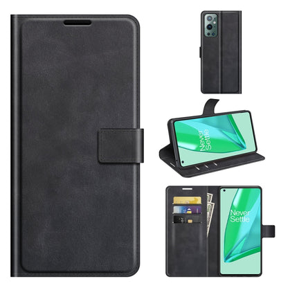 Black leather flip phone case with buckle, card slots, and built-in holder