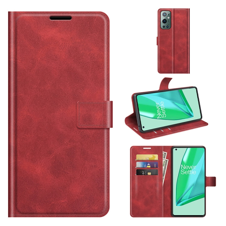 Red leather flip phone case with buckle, card slots, and built-in holder