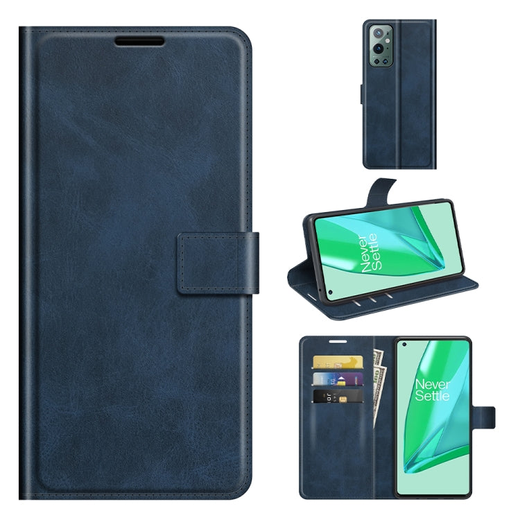 Navy blue leather flip phone case with buckle, card slots, and built-in holder