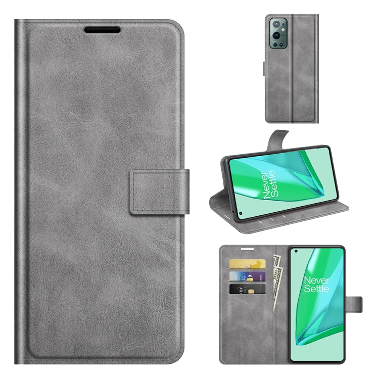 Light grey leather flip phone case with buckle, card slots, and built-in holder