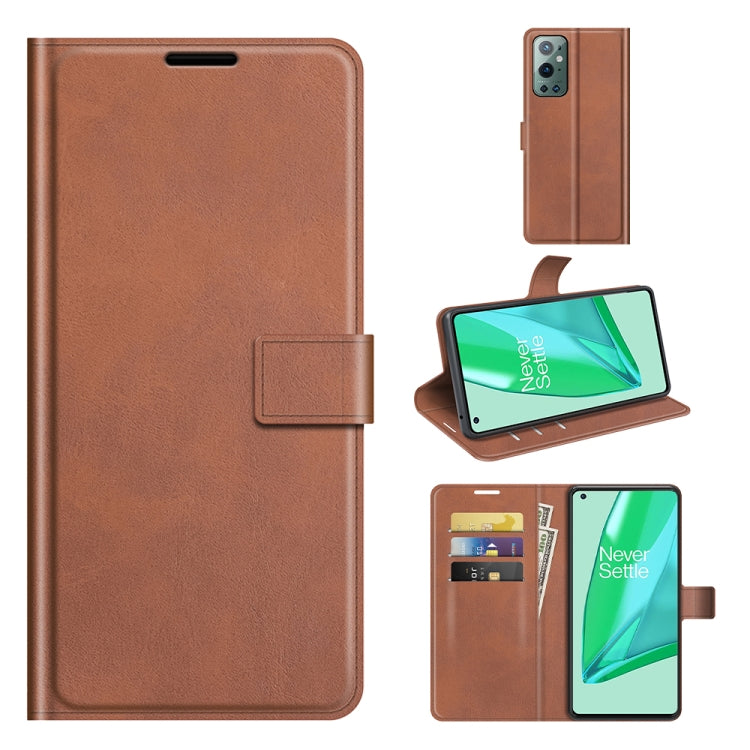Tan leather flip phone case with buckle, card slots, and built-in holder