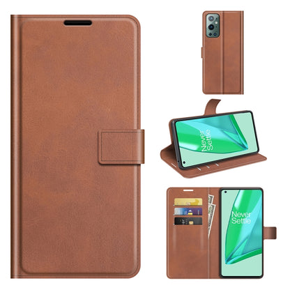 Tan leather flip phone case with buckle, card slots, and built-in holder