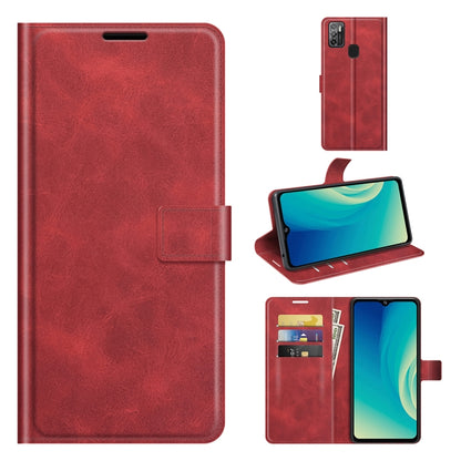 Red flip leather wallet phone case with card slots and viewing stand
