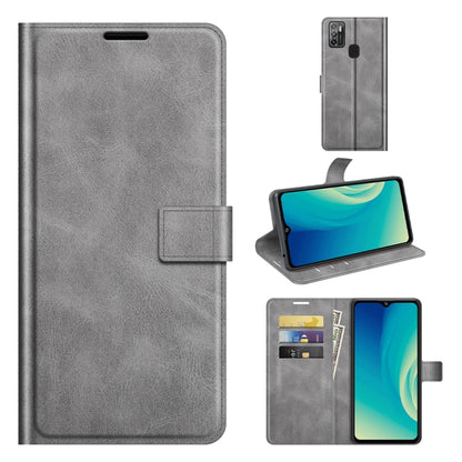Grey flip leather wallet phone case with card slots and viewing stand