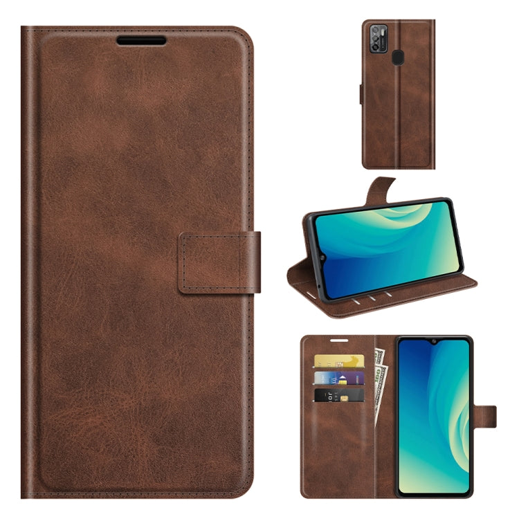 Brown flip leather wallet phone case with card slots and viewing stand