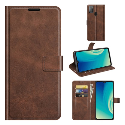 Brown flip leather wallet phone case with card slots and viewing stand