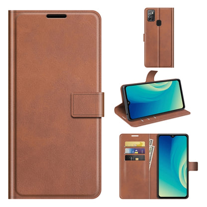 Tan flip leather wallet phone case with card slots and viewing stand