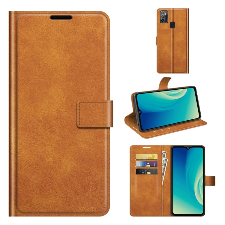 Orange-brown flip leather wallet phone case with card slots and viewing stand