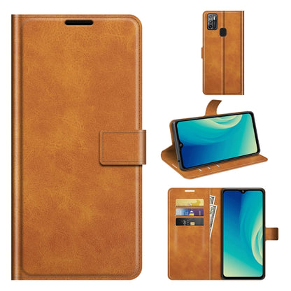 Orange-brown flip leather wallet phone case with card slots and viewing stand