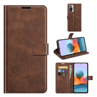Brown leather flip phone wallet case with buckle strap, card slots, and stand holder