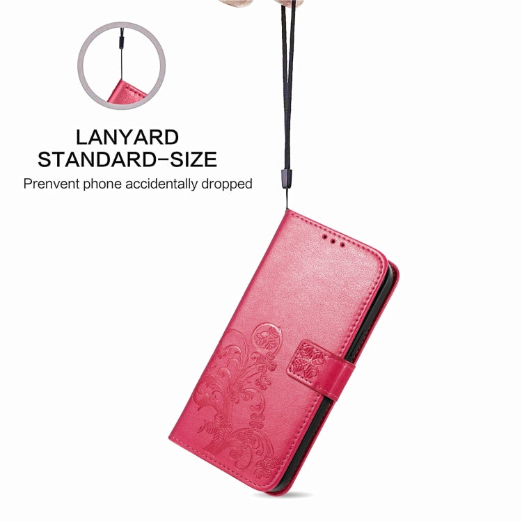 Rose red leather wallet phone case with embossed pattern and attached lanyard strap.