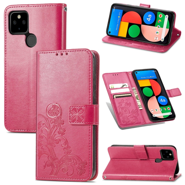 Leather phone wallet case with four-leaf embossing, lanyard, card slot, rose red.