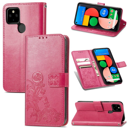 Leather phone wallet case with four-leaf embossing, lanyard, card slot, rose red.
