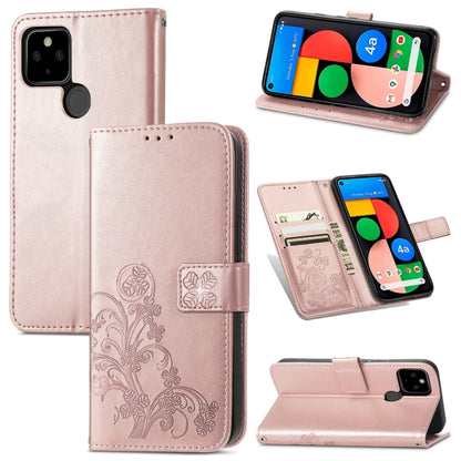 Leather phone wallet case with four-leaf embossing, lanyard, card slot, rose gold.