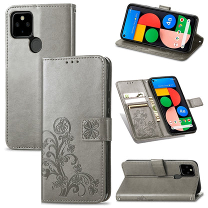 Leather phone wallet case with four-leaf embossing, lanyard, card slot, grey.