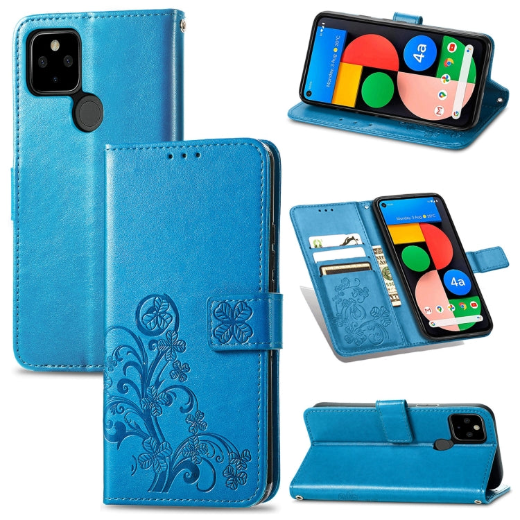 Leather phone wallet case with four-leaf embossing, lanyard, card slot, blue.