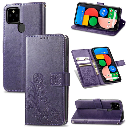Leather phone wallet case with four-leaf embossing, lanyard, card slot, purple.