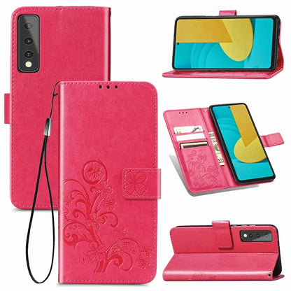 Rose red leather phone wallet case with embossed clover, card slot, lanyard strap