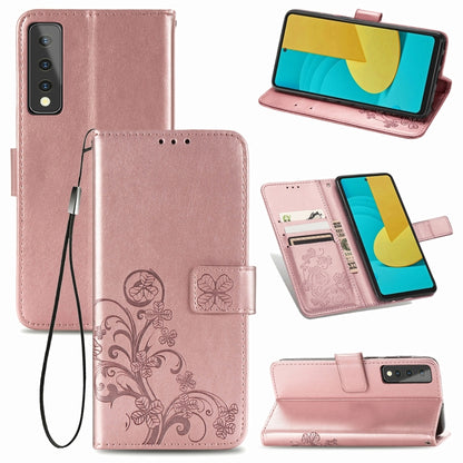 Rose gold leather phone wallet case with embossed clover, card slot, lanyard strap