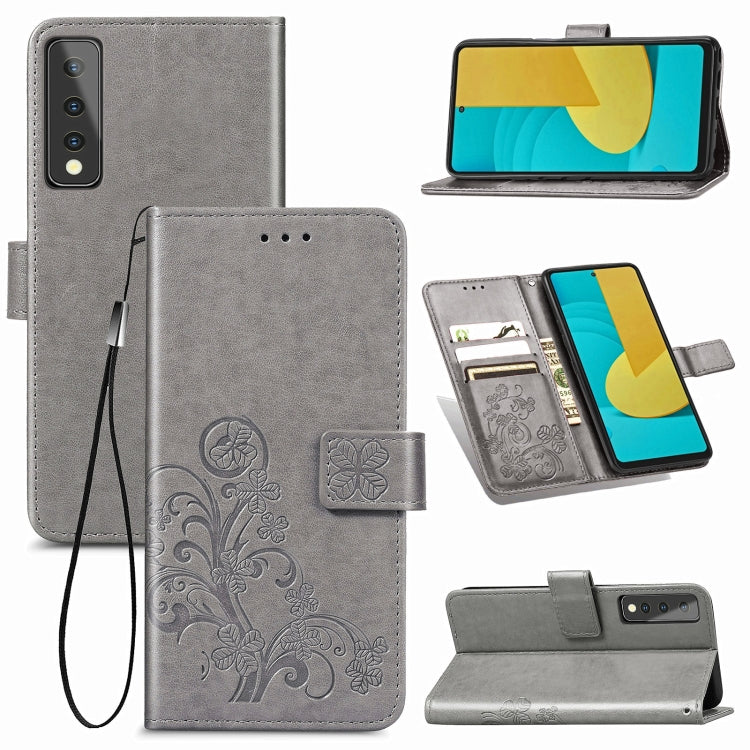 Grey leather phone wallet case with embossed clover, card slot, lanyard strap
