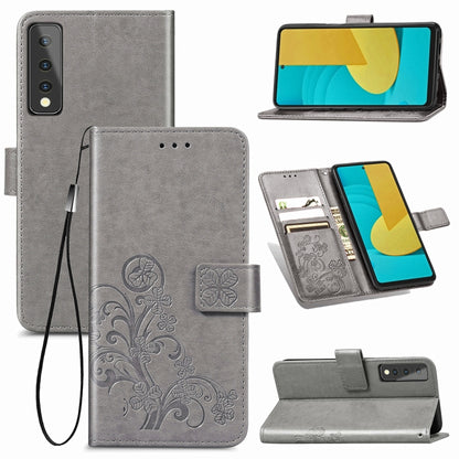 Grey leather phone wallet case with embossed clover, card slot, lanyard strap