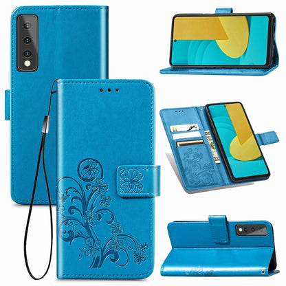 Blue leather phone wallet case with embossed clover, card slot, lanyard strap