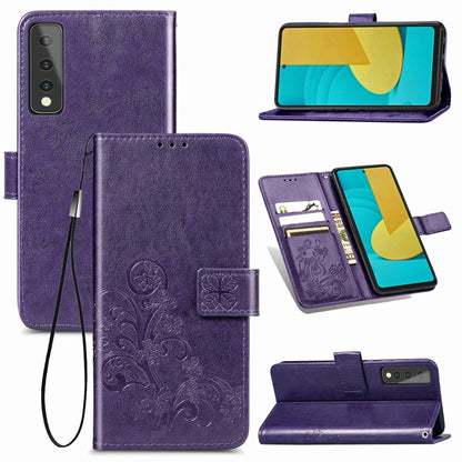 Purple leather phone wallet case with embossed clover, card slot, lanyard strap
