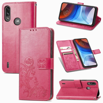 Rose red leather phone wallet case with embossed clover, card slot, magnetic flap, lanyard