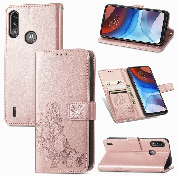 Light pink leather phone wallet case with embossed clover, card slot, magnetic flap, lanyard