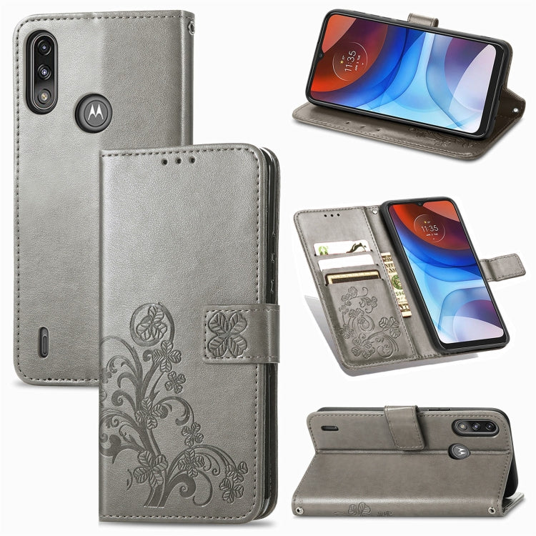 Dark grey leather phone wallet case with embossed clover, card slot, magnetic flap, lanyard