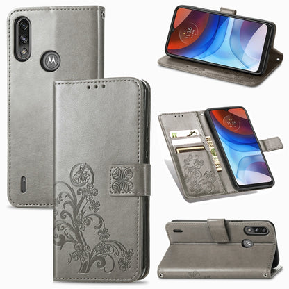 Dark grey leather phone wallet case with embossed clover, card slot, magnetic flap, lanyard