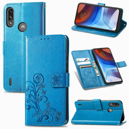 Bright blue leather phone wallet case with embossed clover, card slot, magnetic flap, lanyard