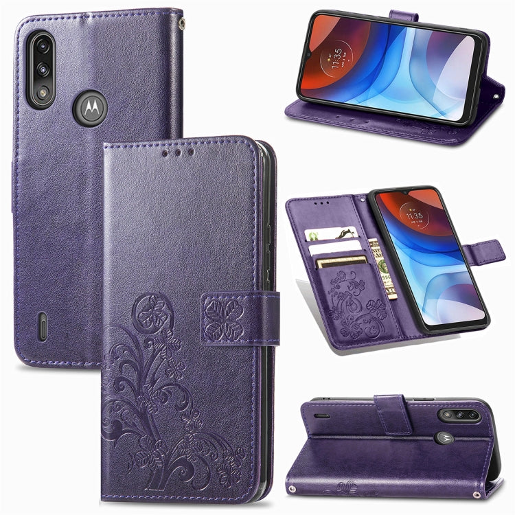 Purple leather phone wallet case with embossed clover, card slot, magnetic flap, lanyard