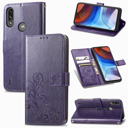 Purple leather phone wallet case with embossed clover, card slot, magnetic flap, lanyard