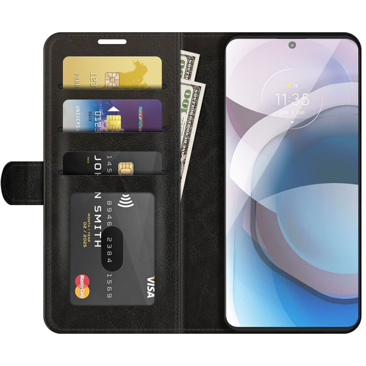 Black textured flip phone case showing card slots and wallet interior for Motorola One 5G Ace