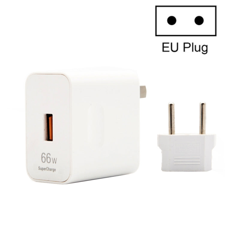 White 66W USB fast-charging travel charger with EU two-pin plug and orange USB port.