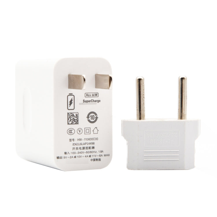 White 66W USB fast-charging travel charger showing EU plug pins and rear specs label.
